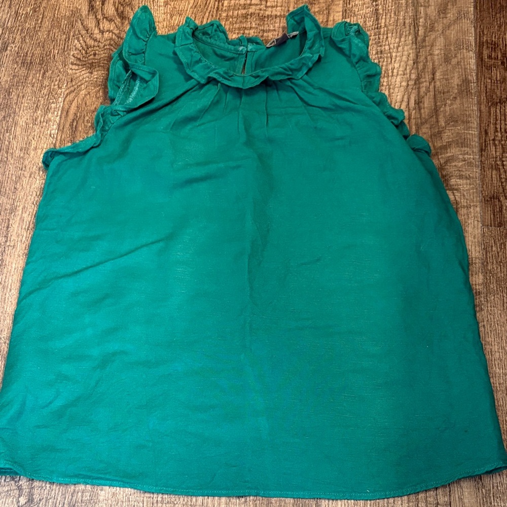 Ann Taylor Factory Emerald Jade Forest Ruffle Sleeveless Top Linen Blend